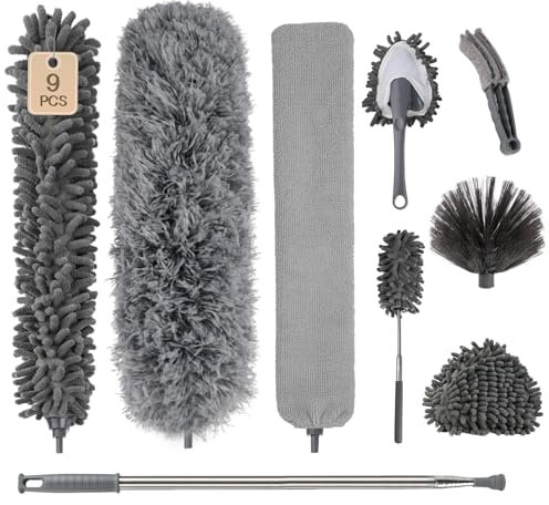 Spolverino per Polvere, Lavabile in Acciaio Inox Asta Telescopica e Spolverino Angolare Pieghevole può Essere Esteso Fino a 240CM il Piumino è Adatto per Ogni Posto in Casa (9 Pezzi)
