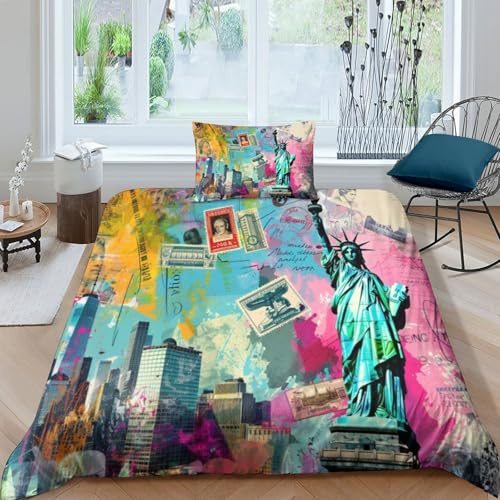 ZYGAOKDD Bettwäsche-Set Für Jungen, Jugendliche, Teenager, Bettbezug, 3D-gedruckt New York Statue of Liberty Bettbezug-Set Für Mädchen Und Jungen, Schlafzimmer-Dekoration Single（135x200cm）