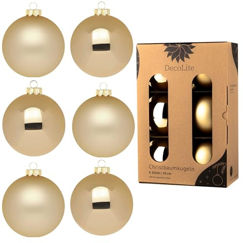 DecoLite Weihnachtskugeln Glas 10 cm, 6er Set, Gold Matt-Glänzend | 6 Glaskugeln Ø 10 cm, innen echt versilbert, inkl. S-Aufhänger 3,8 cm, plastikfreie Kartonbox