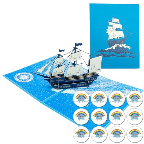 3D Pop Up Geburtstagskarte, hochwertige handgefertigte 3D Grußkarte - Segelboot auf dem Meer + 1 Bogen Sticker - Himmel