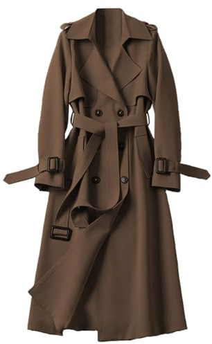 FM2018XSL Cappotto Trench Donna con Cintura Casual Slim Doppiopetto Giacca a Vento Lunga Primaverile Autunnale Giacche con Tasche,L,Caffè