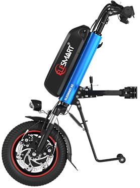 ELESMART A5 Elektrisch Rollstuhl Zuggerät, Elektrischer Rollstuhl-Antrieb zur Umrüstung von Manuell auf Elektrisch Rollstühle, 10,4 Ah, 36V 500W, Seitenanschluss, Blau