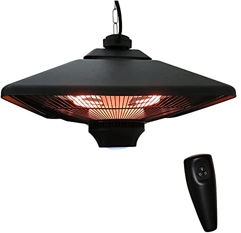 Outsunny Chauffage radiant suspendu IP24 et 20 m², chauffage d'appoint sans CO₂, 2 tubes 1000/2000 W, télécommande éclairage LED intégré, 43 x 43 x 25 cm, noir