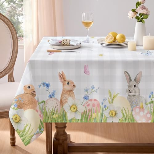 Softalker Tischdecke Ostern abwaschbare 80x80 cm Grau Weiss Kariert Kaninchen-Tischdecken Outdoor Wasserabweisend Gartentisch Tischtuch Klein Tischwäsche Frühling Deko für Party Festliche Geburtstag