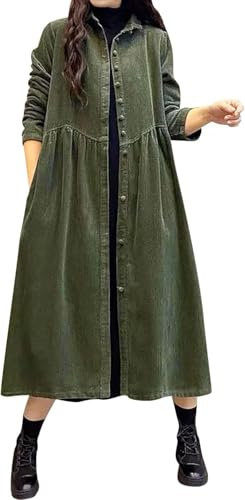 Robe en Velours côtelé Automne et Hiver pour Femme Robe boutonnée à Manches Longues rembourrée Robe de poupée Vintage en Velours côtelé Veste en Velours côtelé Coupe-Vent (Green,TTG)