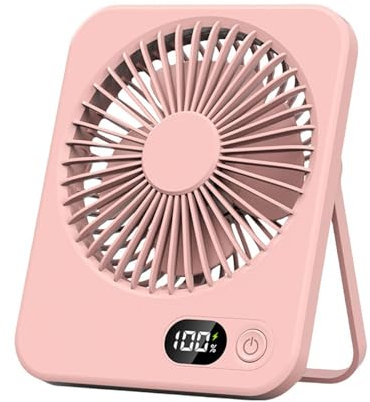 DSLIHA Small Desk Fan,2000mAh Type C Rechargeable Battery, LED Display 180°Adjustable Super-5 Speed Mini Fan, Portable Quiet Bedroom, Office, Library, Travel (Pink)