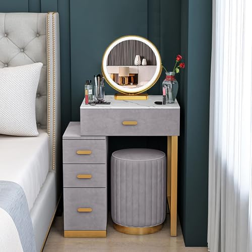 Toeletta da Trucco con Luci LED Specchio, 3 Modalità di Illuminazione, Postazione da Trucco con Specchio e 4 Cassetti, Camera da Letto Tavolo da Toeletta Moderno con Sgabello per Figlia, Moglie
