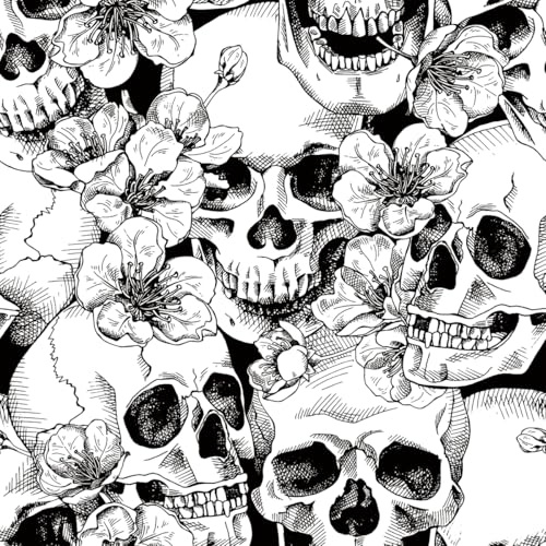 AMIGO Schwarz/Weiß Sugar Skull Tapete Gothik-Stil - Selbstklebende Abziehbare Vinyl-Folie mit Blumenmuster, für Schlafzimmer und Akzentwände 44cm x 5m