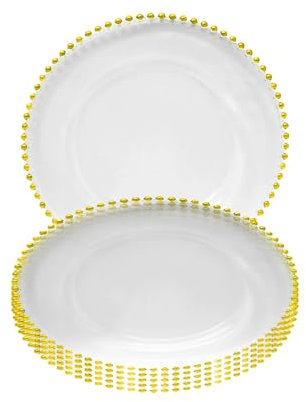 Stylish Clear Glass Charger Plate with a Gold Beaded Border—33cm Decorative Tableware Perfect for Weddings, Birthday Parties, Catering Events, Bridal Showers, and Bachelorette Celebrations – 6 Pcs