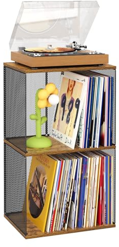 Honkazita 2 Tiers Vinyl Record Storage DIY Stackable 100-140 Record Cabinet - Natural Wooden Cube Storage Organizer Album Crates for Portable Vinyl Record Player (Non-Detachable)