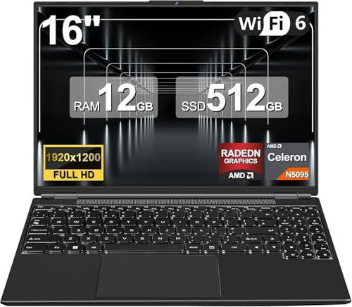 HUQPPQ 16 Inch Gaming Laptop, Celeron N5095 (Up to 2.9GHz),12GB RAM 512GB SSD, 1TB Expandable, FHD 1920x1200, WIN11, USB3.0, Webcam, Notebook Computer for Students & Office-Black