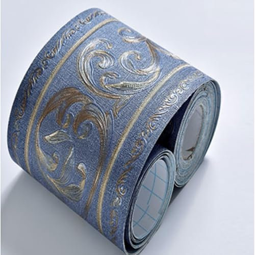 Loimol PVC Bordüre Selbstklebend Blau 5 Meter x 10.6cm Vine Blatt Muster Dekorative Wandbordüre Wasserdicht Abziehbare Wandtapeten Bordüre für Wohnzimmer Schlafzimmer Bad Küche Hotel(Blau)