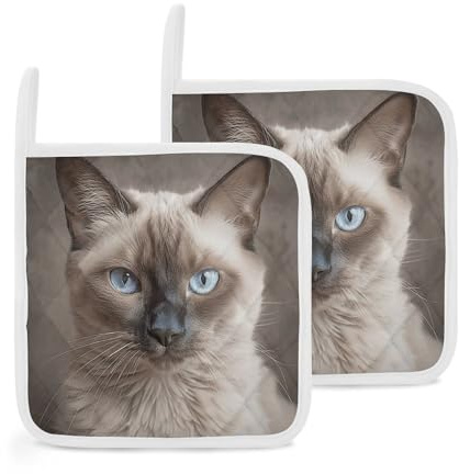 Lot de 2 maniques en forme de chat siamois résistant à la chaleur avec boucle antidérapante pour cuisine, pâtisserie, barbecue, four 20,3 x 20,3 cm