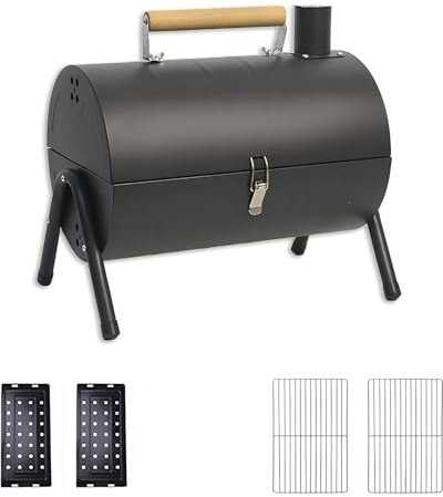 YTYTU Tragbarer Holzkohlegrill Barrel BBQ Grill – 2 In 1 Barbecue Und Smoker – Mit Doppelseitiger Grillfunktion Leicht, Kompakt, Faltbar(Black,A)
