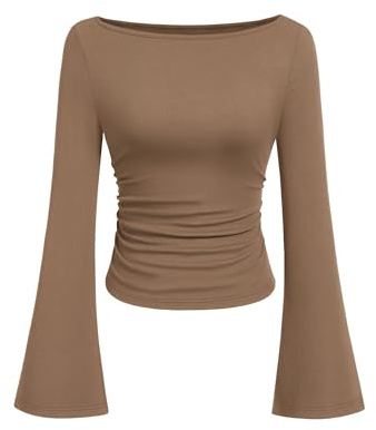 PRETTYGARDEN Womens Bell Long Sleeve Ribbed Knit Tops,Light Brown,M | Trendy Boat Neck Y2K Cropped Going Out Tops, Ruched Slim Fit Cute Garment Friendly Shirts, Fall Outfits, Fashion Clothing