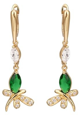 AMDXD Echt Gold Schmuck Damen Ohrstecker Au585 Gelbgold, Libelle Ohrhänger mit Granat Grün Marquiseschliff, Moissanit Ohrringe Jugendstil 14K Gold