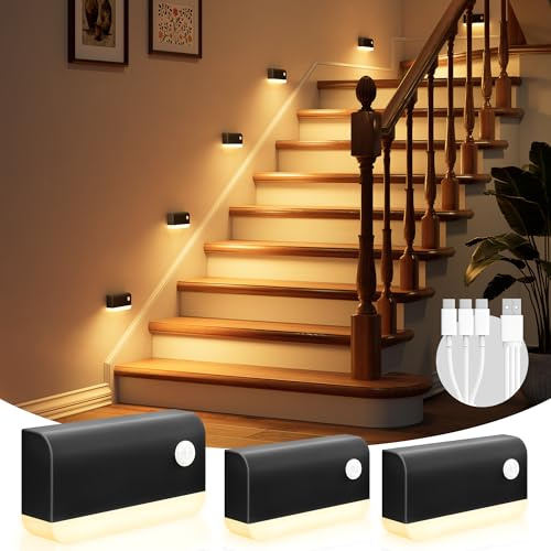 VOLISUN Veilleuse Détecteur de Mouvement, Lot de 3 Lampe Detecteur de Mouvement Interieur avec 2 Mode lumière et 1200mAh Batterie, Lampe Veilleuse pour Escalier, Couloir, Chambre, Armoire (Noir)