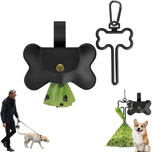 HSYTEK Hundekotbeutelspender mit Freihändiger Clips, Tragbar Kotbeutelspender für Hunde, Leder Kotbeutelhalter zum Aufhängen Hundekotbeutel für Ihren Hundespaziergang (Schwarz)