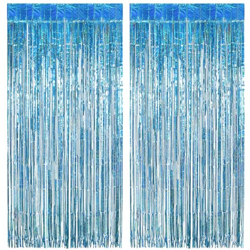 Lametta Vorhang Hellblau Glitzer, 2 Stück Glitzervorhang Lametta Hellblau Party Vorhang Deko, Folien Fransen Lamettavorhang Fotowand Hintergrund für Geburtstag Meerjungfrau Frozen Babyshower Party