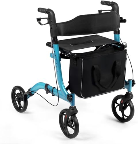 RELAX4LIFE Aluminium Rollator Faltbar und Leicht, Gehhilfe für Senioren mit Sitz & Rückenlehne, Rollatoren Schmal für Wohnung, höhenverstellbaren Griffen & Aufbewahrungstasche, bis 136 kg (Blau)