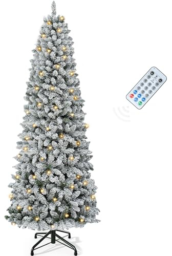 YITAHOME 180cm künstlicher Weihnachtsbaum Schmal Schneebedeckter mit Fernbedienung – vorgeleuchteter Baum mit warmweißer/mehrfarbiger 300 LED-Farbwechselbeleuchtung, ca. 700 Spitzen