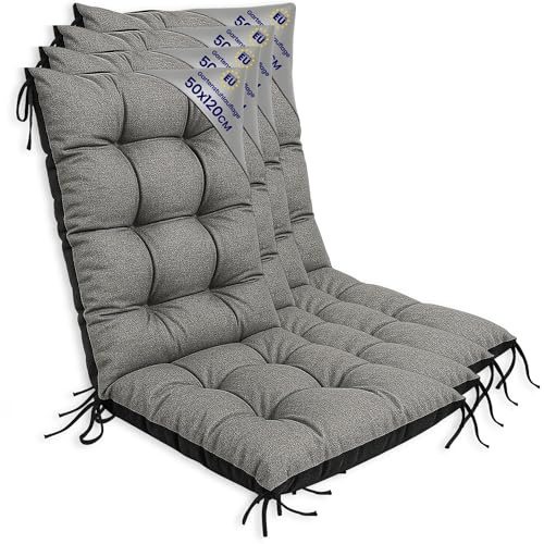 Gartenstuhl Hochlehner Auflagen 4er Set 50x120 cm - Sitzauflagen Gartenmöbel Gartenstuhlauflagen Polster Auflage für Gartenstühle Sitzpolster Outdoor Stuhlauflagen Sitzkissen Grau Öko-Leinen