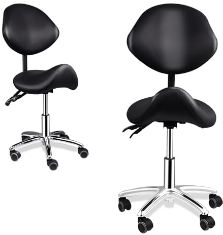 Sattelhocker mit Verstellbarer Sitzhöhe (42-54 cm) und Verstellbarer Rückenlehne (90-125°) Drehbarer Hocker mit Rollen und Rückenlehne Tragkraft 181 KG Geeignet für Salons unds Friseursalons Schwarz