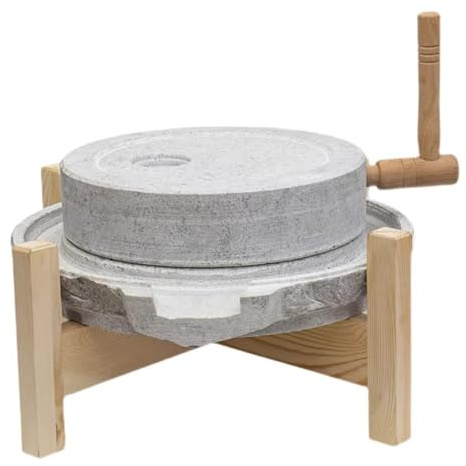 Molino de Piedra Natural, 30×40cm, Molinillo Manual de Piedra con Base de Madera Estable, Molinillo de Harina para Uso en Seco y Húmedo, Utensilio de Cocina Doméstico con Asa