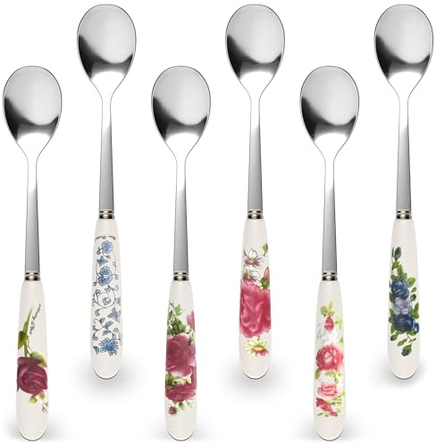 6 PCs Ceramic Handle Coffee Spoons Set – 6.1 Small Dessert Spoons with Floral Design – Stainless Steel Tea & Dessert Sugar Spoon for Coffee Bar, Espresso, Hot Drinks | Kitchen Gift Set for Women