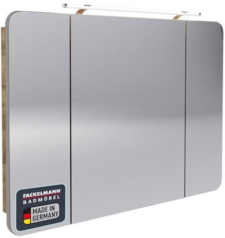 FACKELMANN Milano Spiegelschrank mit LED-Beleuchtung – Alibertschrank 3-türig fürs Badezimmer (110 cm x 78 cm x 15,5 cm) – Badschrank mit Spiegelfläche in Holz braun