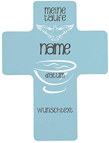 Striefchen® Blaues Kinderkreuz zur Taufe mit dem Namen des Kindes und dem Taufdatum sowie Wunschtext