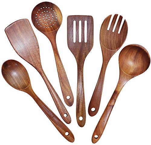 Lot de 6 Ustensiles de Cuisine en Bois de Teck Naturel - Grande Taille, Antiadhésifs, Cuillères, Spatule, Passoire - Durables