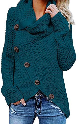 Tuopuda Femme Pull à Manches Longues Chandail Elégant Pullover Col Roulé Hauts Tricot Sweater avec Boutonné Croisé Tricot Décontracté Ourlet Asymétrique Automne Hiver, Bleu, XL