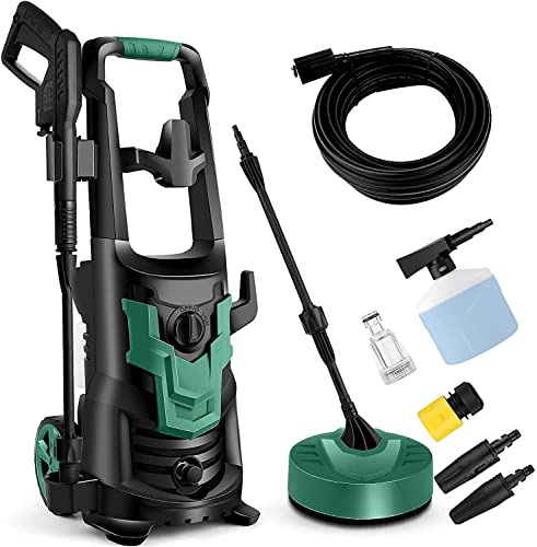 COOCHEER Hochdruckreiniger Druck:Max.150 bar,Fördermenge: 450 l/h,1700w，mit 3-in-1-Düse,5m Kabel,5m Schlauch,Wasserfilter,Hochdruckpistole für Autos/Zäune/Garten/Patios/Pool,Grün