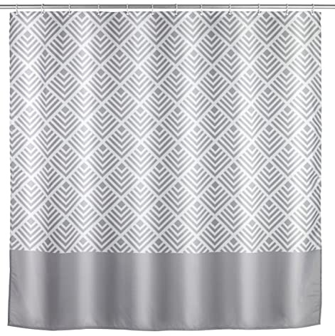 WENKO Anti-Schimmel Duschvorhang Echo, antibakterieller Textil-Vorhang mit Antischimmel Effekt, waschbar, wasserabweisend, mit 12 Ringen zur Befestigung an der Duschstange, 180 x 200 cm, Grau/Weiß