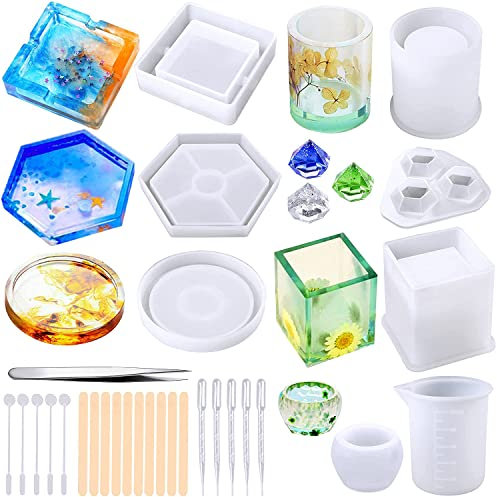 Epoxidharz Formen Resin Silikonform 29Stk Gießharz Set Stifthalter Untersetzer Anhänger Holzstäbchen Tropfer Messbecher Resin für DIY Fertigkeit Herstellung