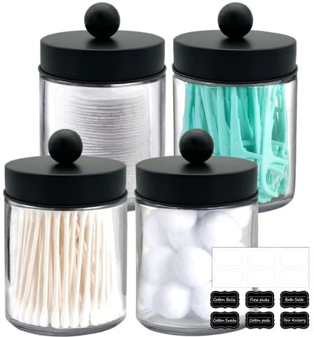 BIKALAN Glas Wattestäbchen Behälter, Schminktisch Badezimmer Organizer Set mit Matt-Schwarz Edelstahldeckeln, Wattepadspender Make up Organizer für Wattestäbchen, Wattepads, Zahnseidepicks