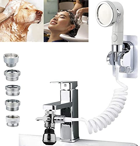 MOSELNY Sink Faucet Hose Shower Sprayer Attachment for Hair Washing&Pet Shower,Water Saving Aerator with 3-Way Diverter Valve for Bathroom Bathtub, Kitchen Faucet, Utility Laundry Tub(White)