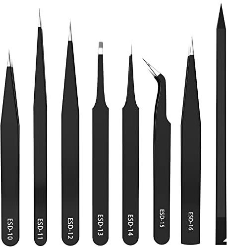 7Stk ESD Pinzetten Set, MNBS Präzisions Antistatisch Edelstahl + Brechstange Toolkit,Reparatur Werkzeug,Modellbau Pinzette für Computer Elektronische Reparaturen Schmuck Präzisionsarbeit Laborarbeit