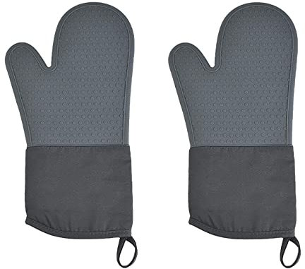Ofenhandschuhe Paar Topfhandschuhe Hitzebeständig 235 °C Baumwolle Backhandschuhe mit Rutschfestem Silikon Eingriff, Lange Backofen Handschuhe Kochhandschuhe für Frauen Männer,Black