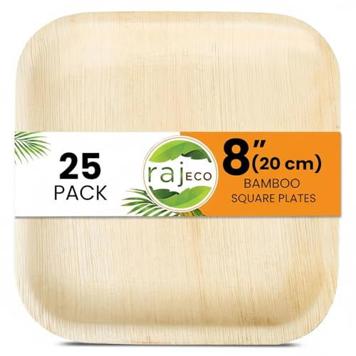 Raj Palm Leaf Square Plates 8 (20cm) | 25 Pack | Eco Fancy | Natural wooden texture, fancy & biodegradable. Great for desserts, appetisers & eco dining.