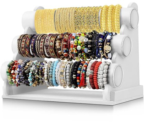 Flexzion White Velvet Hovering 3 Tier T-bar Jewelry Stand Display Storage Store Rack - Removable Necklace Bracelet Earring Bangle Pendants Anklet Tower Watch Key Holder Organizer For Women Men Girl