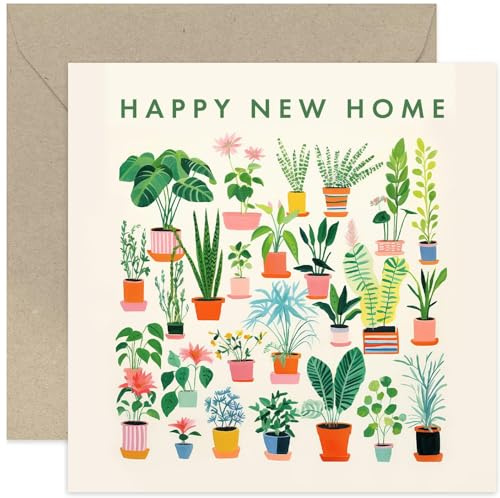 Old English Co. Stylish Happy New Home Card - House Plants Artwork Housewarming Card for Couple - Cute Congratulations New Home Card for Her Him | Blank Inside with Envelope