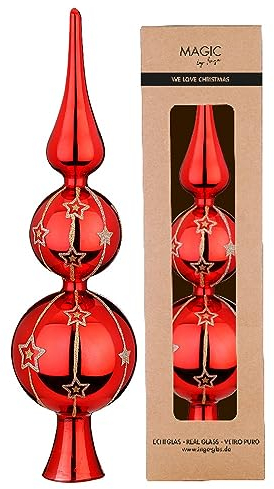 Merry Red - Punta de árbol de Navidad (cristal, 31 cm), diseño de estrellas, color rojo