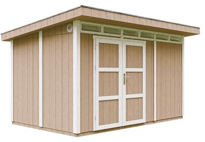 Gartenhaus Premium Qualität 8,7m² - L279xW411cm- All-Inclusive-Set mit Boden, Bitumen-Dachziegeln, Farbset- Hochwertiger Geräteschuppen aus Holzwerkstoffplatten LP Smartside - M904A Terra Brown