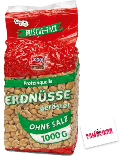 XOX Erdnüsse Ungesalzen | VEGAN | geröstet 1kg - Vakuumverpackt, Reich an Proteinen, Perfekt für Snacks und Rezepte + Zama4Zingo Karte