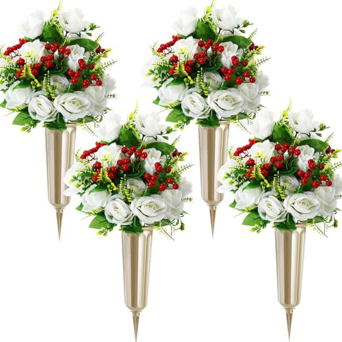 Tigeen Künstliche Friedhofsblumen mit Vase für Grabschmuck, Seide, Vatertag, Gedenktag, Rosenstrauß, Friedhofsdekoration für den Außenbereich, Beerdigung, Grabstein-Arrangement (Gold, Weiß), 4 Sets