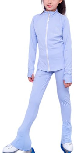 Youthful flying Kinder Mädchen Eislauf Outfit Anzug Langarm Sport Eiskunstlauf Jacke Strass Eislaufhose Set Sportswear(Size:L,Color:Blau)