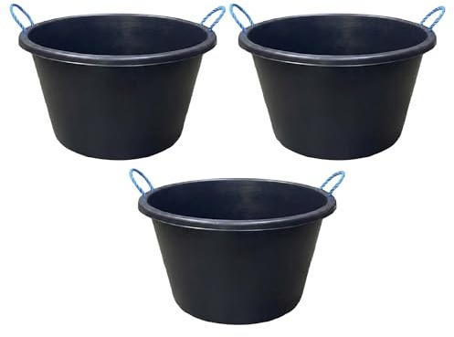 3 x Black - Heavy Duty Extra Large Plasterer Mixing Cement Bucket 70L Litre Plastic Muck Bucket Water Storage Bucket/tub Builder Bucket with Blue Rope Handle Ideal for Construction Home Garden