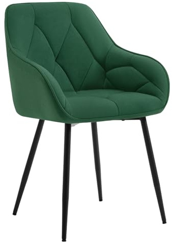 Woltu Matrumsstol, köksstol, stol för matsal, vardagsrum, ergonomisk fåtölj, armstödsstol, stoppstol, sammet, metallben, mörkgrön, EZS02dgn-1